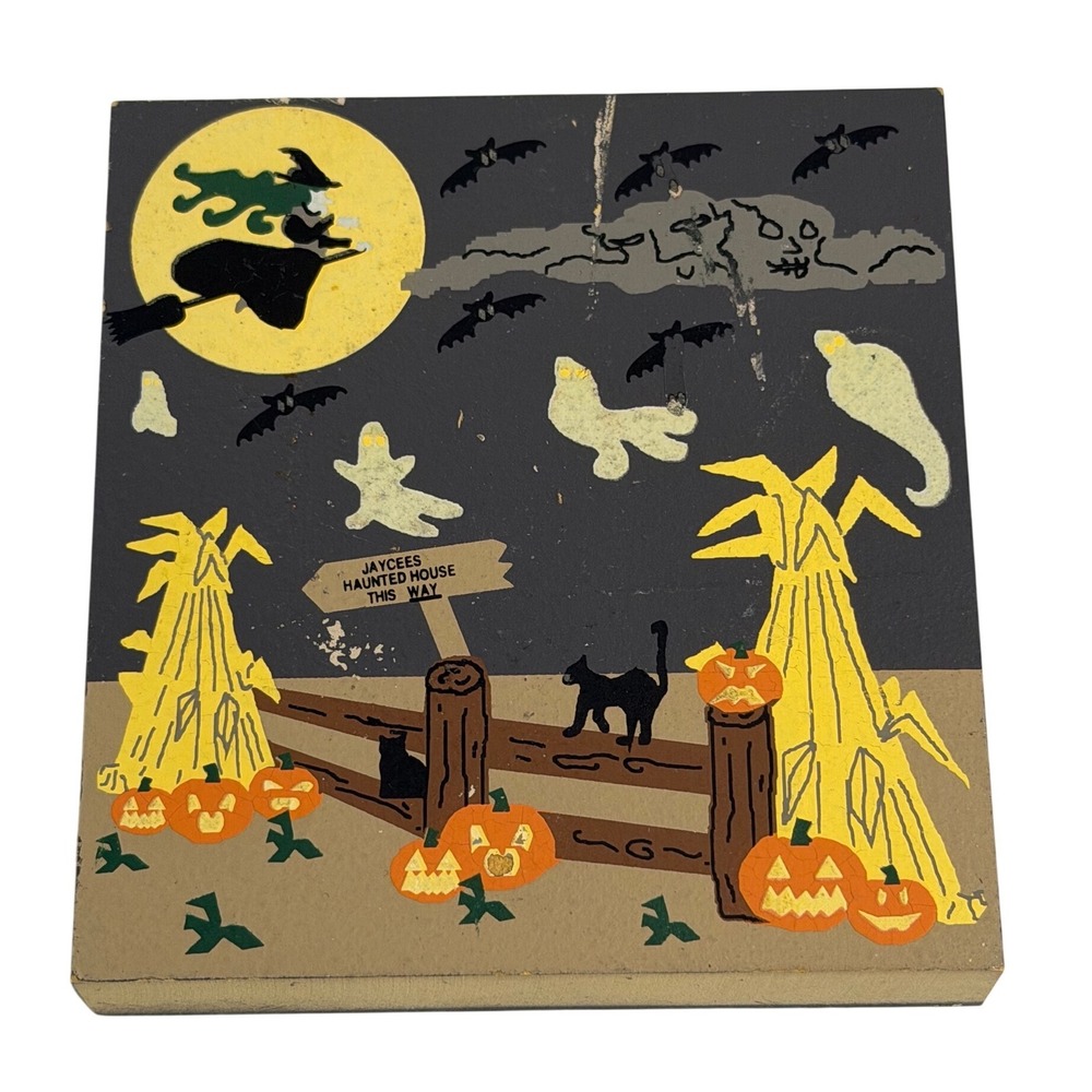 VTG The Cat's Meow Village Halloween Wood Block Boo To You Haunted House 1996